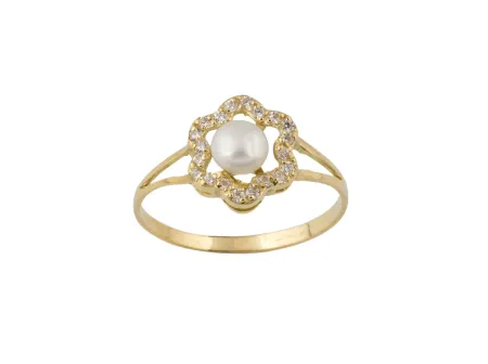 anillo oro 18k flor con circonitas y perla central