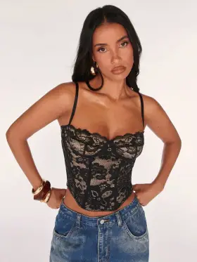 SHEIN BAE Top de camisola transparente de encaje sexy, atuendo de fiesta, cita nocturna, ir y venir, sujetador bonito, top sexy de club, top de corsé, top sin tirantes, top para salir, blusas de verano, top lindo, 