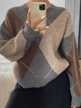 Livesso Suéter holgado de cuello redondo de manga larga a cuadros para mujer, ropa de otoño, blusas de manga larga