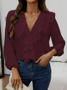 Blusa casual de manga larga con cuello en V y bajo con volantes