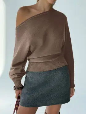 Aloruh Nuevo suéter de punto con mangas de murciélago y cuello redondo, sexy, con parte superior holgada Bottomor ajustada para estilizar, versátil y de color vino tinto retro, ropa de otoño e invierno para muje