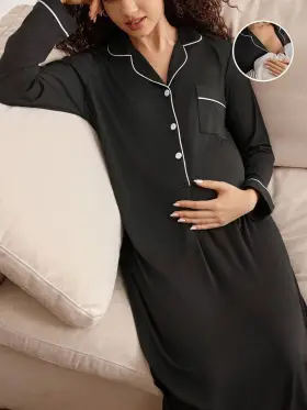 BloomMama Vestido de maternidad de manga larga con botones y ribete de contraste, estilo casual y elegante para estar en casa