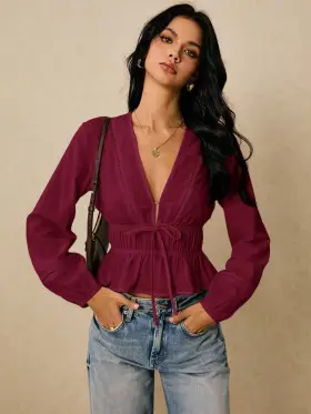 Poéselle Camisa elegante de unicolor para mujer con nudo delantero y bajo con volantes, otoño