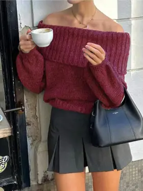 Cévolie Suéter holgado de mujer de unicolor con mangas farol y hombros caídos, para otoño/invierno