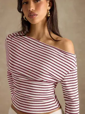 SHEIN BAE Camiseta de moda de manga larga con hombro asimétrico, rayas y cintura ceñida para mujer