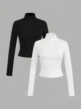 SHEIN EZwear 2 piezas Conjunto de camisetas casuales de manga larga con cremallera de punto blancas y negras para mujer, primavera/otoño