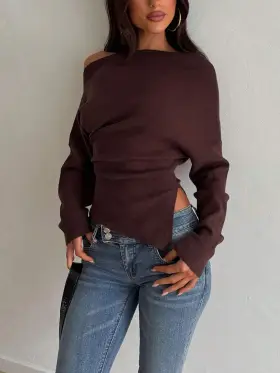 Elegante suéter de punto asimétrico de hombro, ajuste delgado y asimétrico para el uso diario