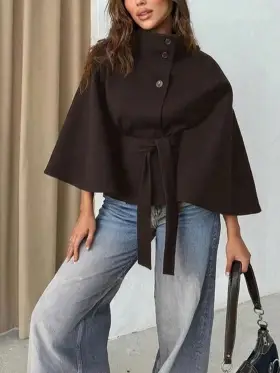 Capa de lana de unicolor con botones delanteros y cintura anudada para mujer, uso casual y de cita, abrigo de otoño/invierno