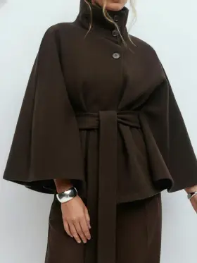 Poncho elegante de mujer con capucha y cinturón, de unicolor, para otoño/invierno