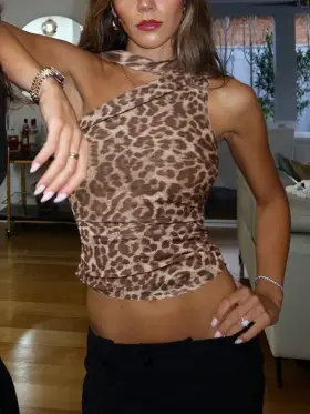 Crop top elegante de mujer con estampado de leopardo, cuello halter, para primavera y verano, ropa de fiesta y vacaciones