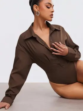 Hauture Body de manga larga con hombros caídos y unicolor para mujer