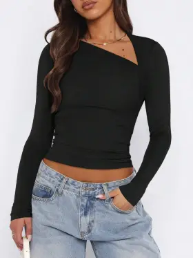 2024 Nuevo Otoño Suéter ajustado sexy de punto con cuello asimétrico estilo Y2K para mujer, negro