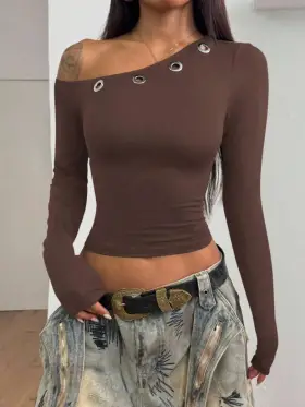 StreetHx Camiseta de manga larga ajustada con decoración de ojales calados para mujer, otoño temprano