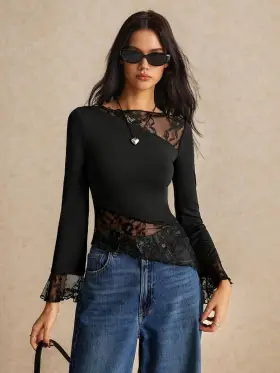 Poéselle Ropa de mujer, camisas negras de mujer, ropa de mujer para otoño Camiseta de manga larga con diseño asimétrico de encaje, corte slim, bajo con diseño de vuelo. Top para disfraz de Halloween. Esencial v