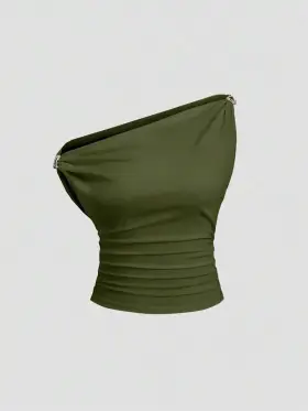 Sweetra Blusa versátil negra de unicolor con diseño de pliegues, cuello asimétrico y decoración dorada, para ir al trabajo y uso diario, primavera/verano