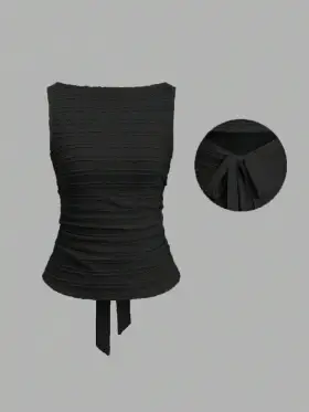 Sweetra Camiseta sin mangas negra casual de mujer con cuello redondo y fruncido en unicolor para verano