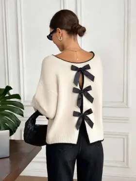 Serisse Suéter elegante y de moda con lazo en los hombros y manga larga para mujer