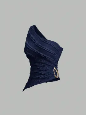 Sweetra Blusa asimétrica de un solo hombro nueva para primavera y verano, de tela texturizada adecuada para la playa y vacaciones, color albaricoque con decoración de hebilla de metal