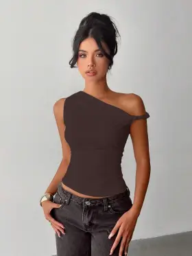 INAWLY Blusa casual de cuello asimétrico para mujer, de unicolor para el verano