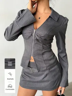 FavEase Conjunto de falda y chaqueta de mujer con cierre delantero abierto, decoración de botón metálico en la cintura y falda mini de línea A