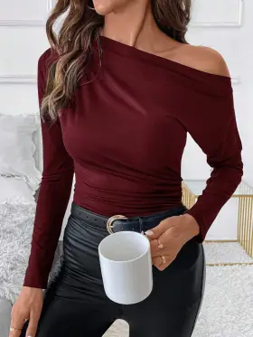 SHEIN Clasi Camisa de manga larga elegante con cuello asimétrico y volante de unicolor