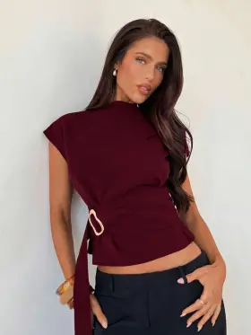 Aloruh Camisa burdeos con cuello alto y decoración de botón de metal para mujer, blusa roja de vestir