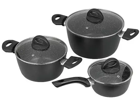 Batería de cocina - Jata Hogar BC3, 2 cazuelas y 1 cazo con tapas, Antiadherente