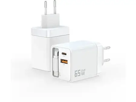 Cargador USB - REAGLE Gan PD Cargador PD de 65 vatios 1x USB-C, 1x QC 3.0 Cable retráctil para portátil Iphone, Blanco