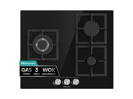 Placa de gas - Hisense GG633B, 3 zonas, 58 cm, Gas Natural, Encendido fácil, Fogón Wok, Cristal Negro