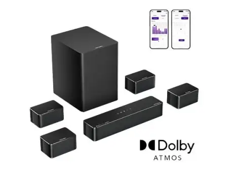 Barra de sonido con subwoofer - ULTIMEA Poseidon D80 Boom - 7.1 Sistema de Sonido con Dolby Atmos y Subwoofer 6,5", Control por App, Bluetooth, Subwoofer Inalámbrico, Negro