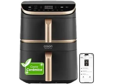 Freidora de aire - Cosori Turbo Tower Pro Smart™ Chef Edition, 2630 W, 10.8 l, 2 cestas, Revestimiento cerámico, WiFi, Negro