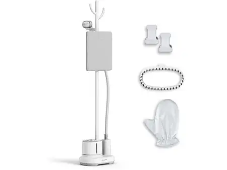 Plancha de vapor vertical - Rowenta Origin Home IS3280D1, 2000 W, 1.4 L, 42 g/min, Calentamiento en 45 s, 45 min, Plancha y desinfecta la ropa, Blanco