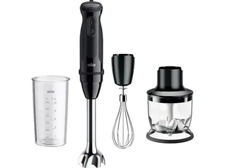 Batidora de mano - Braun Minipimer MultiQuick 5 MQ50202MBK, 1000W, 0.6 l, SplashControl, EasyClick Plus, 21 velocidades, 2 accesorios+Picadora, Negro