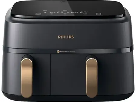 Freidora de aire - Philips Airfryer NA352/00, Doble cesta, 6 L y 3 L, 2.750 W, Tecnología Exclusiva RApidAir, Negro y dorado